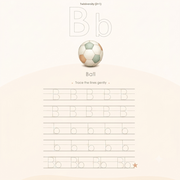Letter B tracing worksheet with ball illustration for preschool and Montessori learning