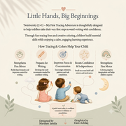 Twiniversity Montessori tracing workbook showing handwriting, fine motor skills, focus, confidence, and early learning benefits for toddlers and preschool children.